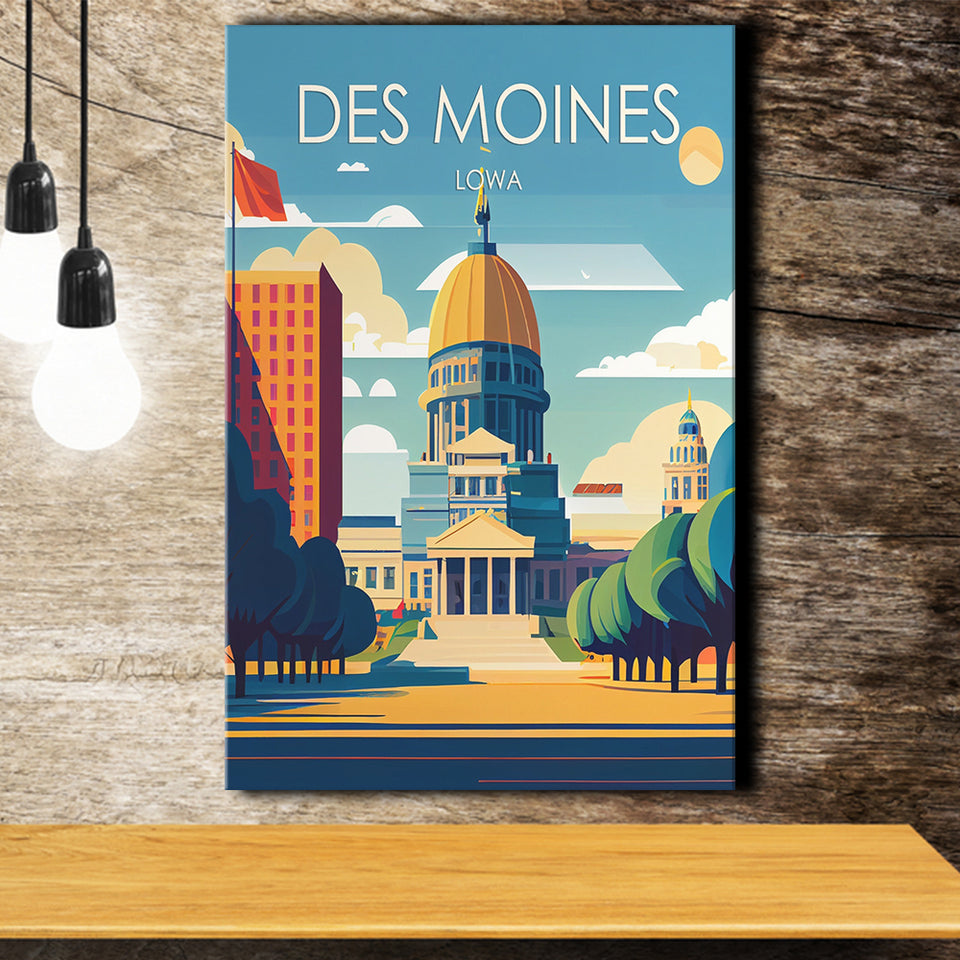 Des Moines Iowa Retro Art Print ,City Art Print, Large Canvas, Canvas Print Wall Art Home Decor