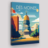 Des Moines Iowa Retro Art Print ,City Art Print, Large Canvas, Canvas Print Wall Art Home Decor