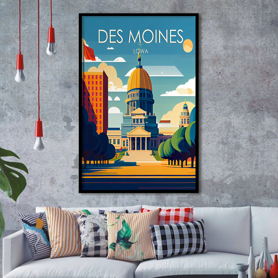 Des Moines Iowa Retro Art Print, City Art Print, Framed Art Print Wall Art Home Decor, Framed Picture