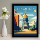 Des Moines Iowa Retro Art Print, City Art Print, Framed Art Print Wall Art Home Decor, Framed Picture