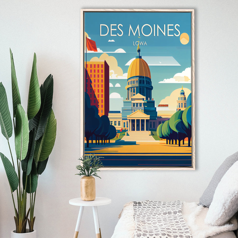 Des Moines Iowa Retro Art Print, Large Canvas, Framed Canvas Print Wall Art Home Decor, Floating Frame
