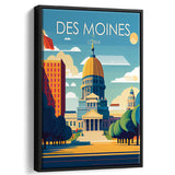 Des Moines Iowa Retro Art Print, Large Canvas, Framed Canvas Print Wall Art Home Decor, Floating Frame