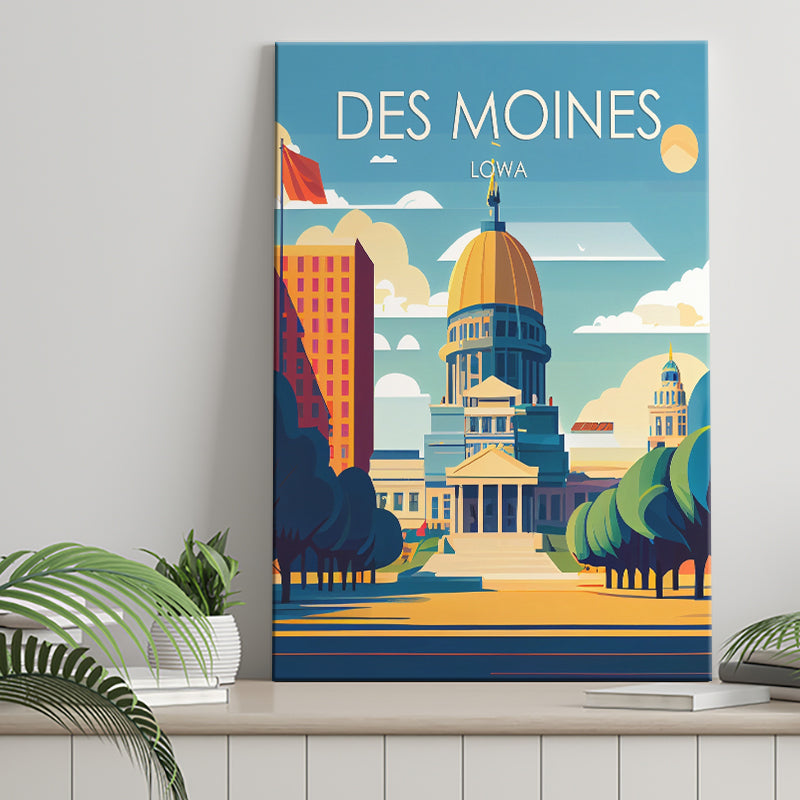 Des Moines Iowa Retro Art Print ,City Art Print, Large Canvas, Canvas Print Wall Art Home Decor