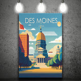 Des Moines Iowa Retro Art Print ,City Art Print, Large Canvas, Canvas Print Wall Art Home Decor