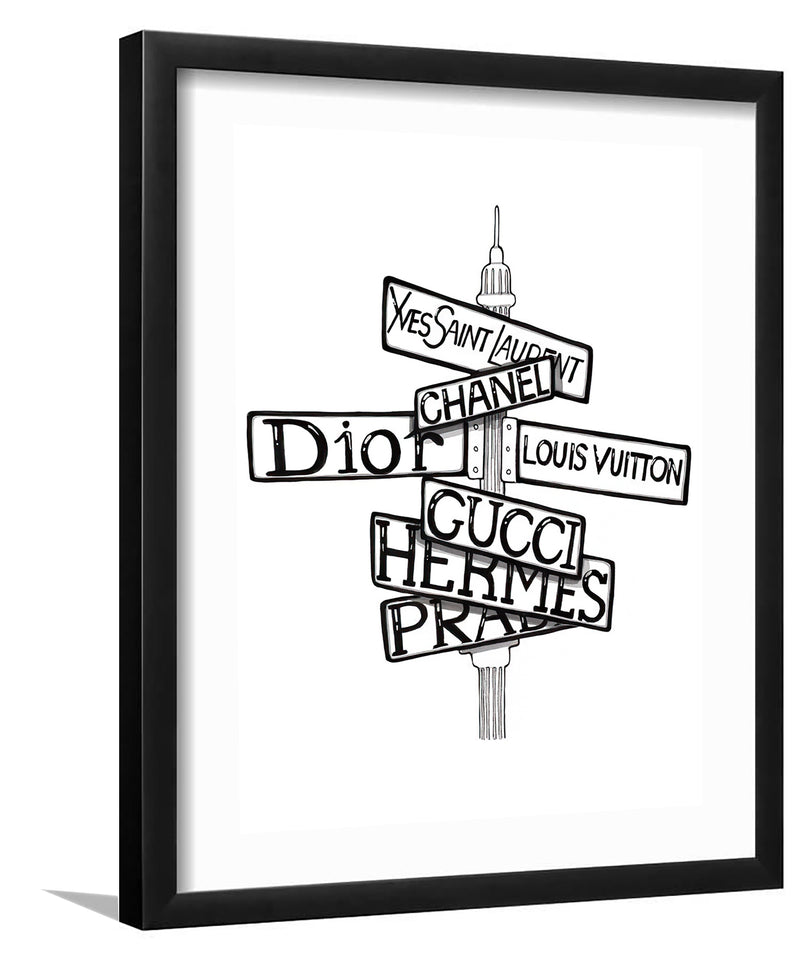 Designer Street Sign-Black and white Art, Art Print, Plexiglass Cover