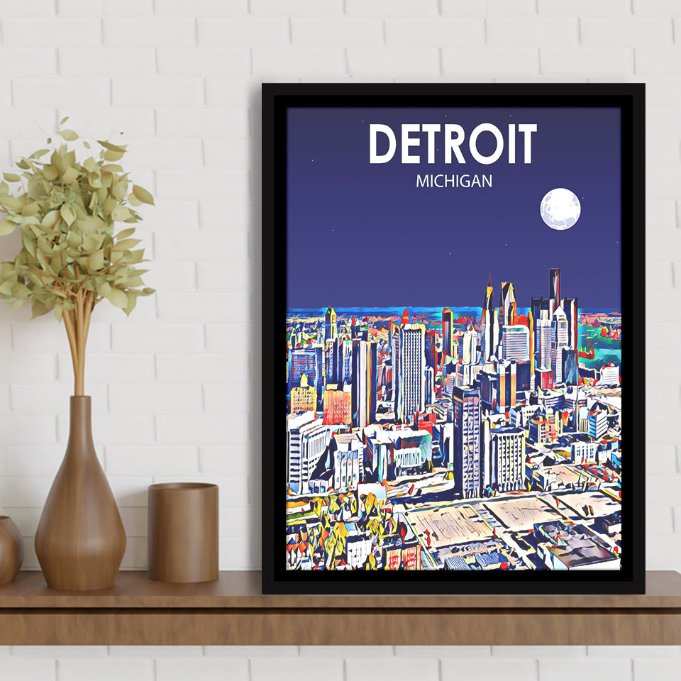 Detroit Michigan Art Night Landscape, Large Canvas, Framed Canvas Print Wall Art Home Decor, Floating Frame