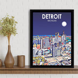 Detroit Michigan Art Night Landscape, Large Canvas, Framed Canvas Print Wall Art Home Decor, Floating Frame