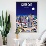 Detroit Michigan Art Night Landscape, Large Canvas, Framed Canvas Print Wall Art Home Decor, Floating Frame