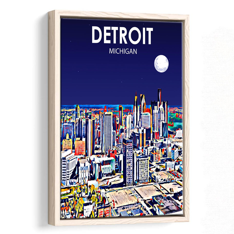 Detroit Michigan Art Night Landscape, Large Canvas, Framed Canvas Print Wall Art Home Decor, Floating Frame