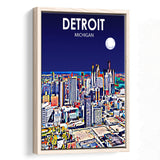 Detroit Michigan Art Night Landscape, Large Canvas, Framed Canvas Print Wall Art Home Decor, Floating Frame
