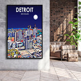 Detroit Michigan Art Night Landscape, Large Canvas, Framed Canvas Print Wall Art Home Decor, Floating Frame