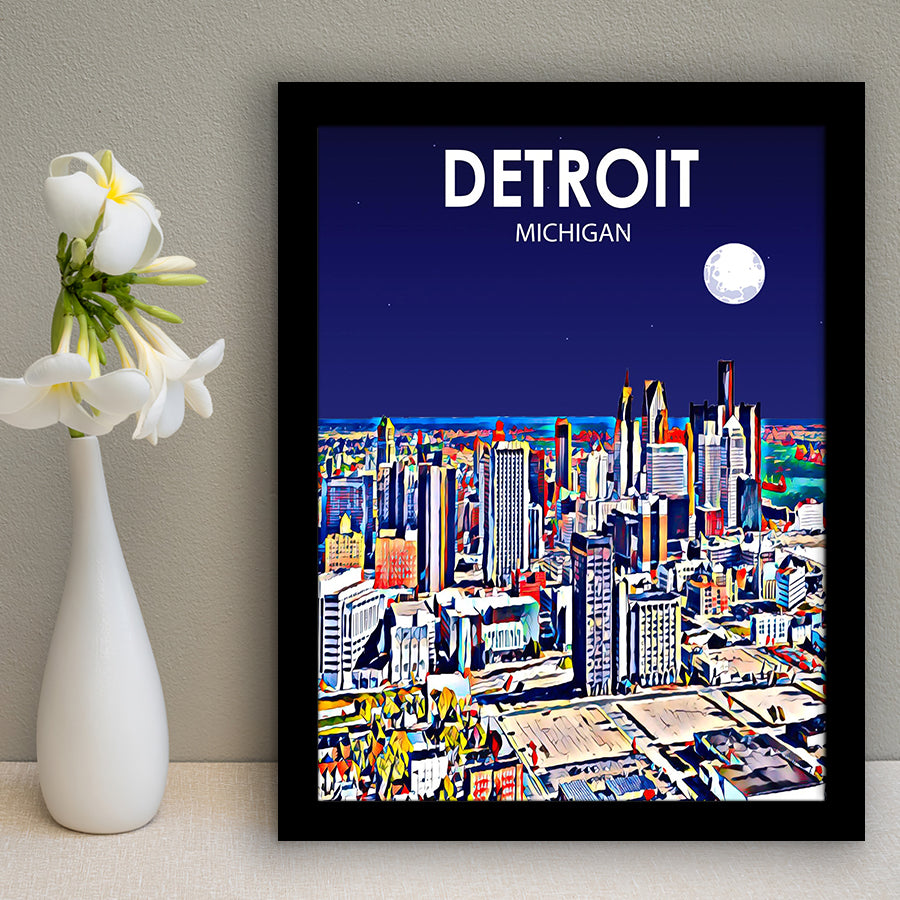 Detroit Michigan Art Night Landscape, City Art Print, Framed Art Print Wall Art Home Decor, Framed Picture