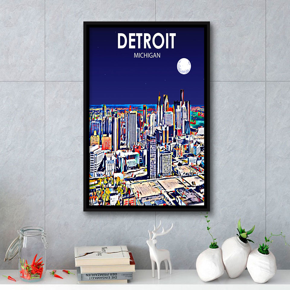 Detroit Michigan Art Night Landscape, Large Canvas, Framed Canvas Print Wall Art Home Decor, Floating Frame
