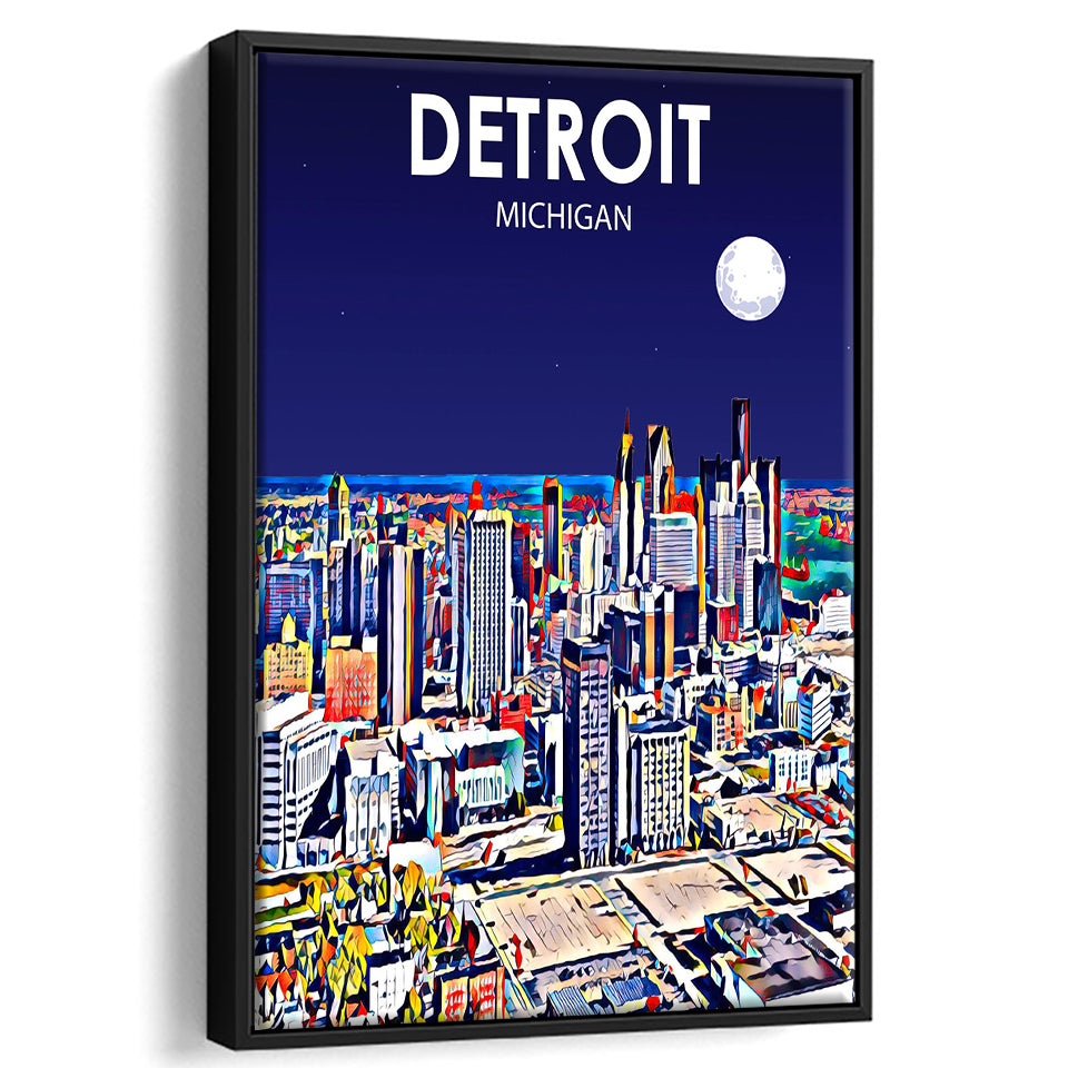 Detroit Michigan Art Night Landscape, Large Canvas, Framed Canvas Print Wall Art Home Decor, Floating Frame