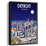 Detroit Michigan Art Night Landscape, Large Canvas, Framed Canvas Print Wall Art Home Decor, Floating Frame