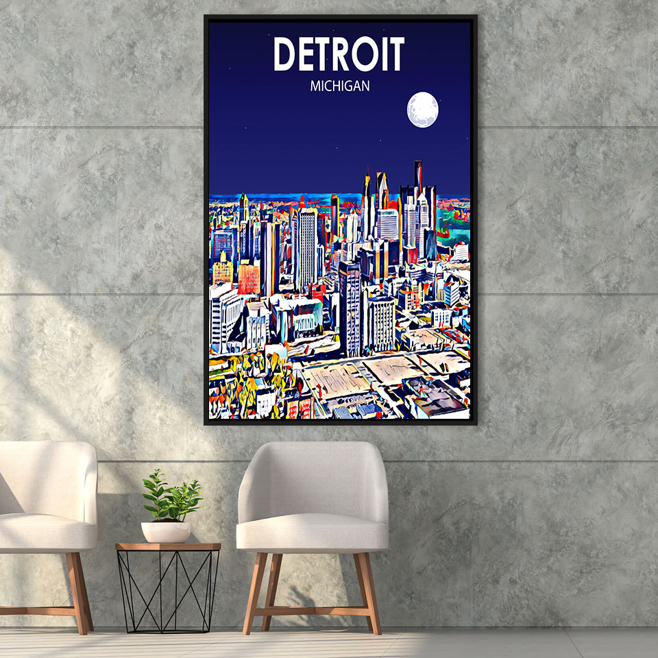Detroit Michigan Art Night Landscape, Large Canvas, Framed Canvas Print Wall Art Home Decor, Floating Frame