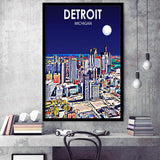 Detroit Michigan Art Night Landscape, City Art Print, Framed Art Print Wall Art Home Decor, Framed Picture