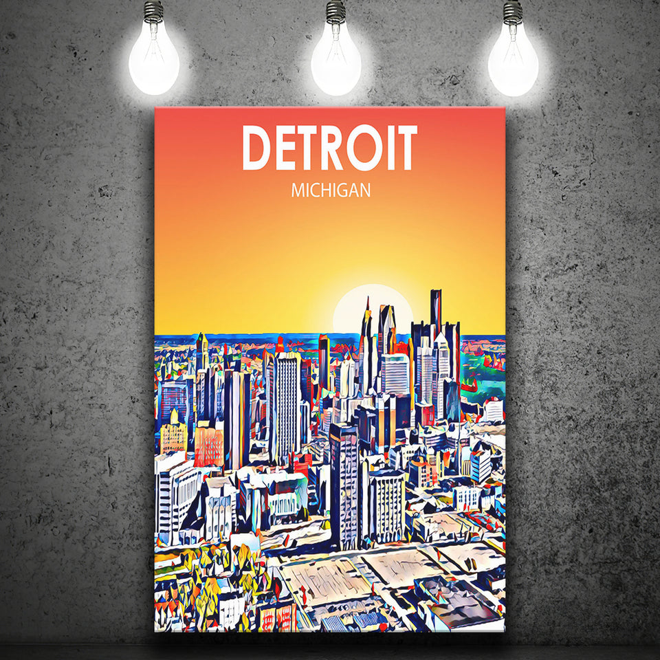 Detroit Michigan Art Sunset Landscape ,City Art Print, Large Canvas, Canvas Print Wall Art Home Decor