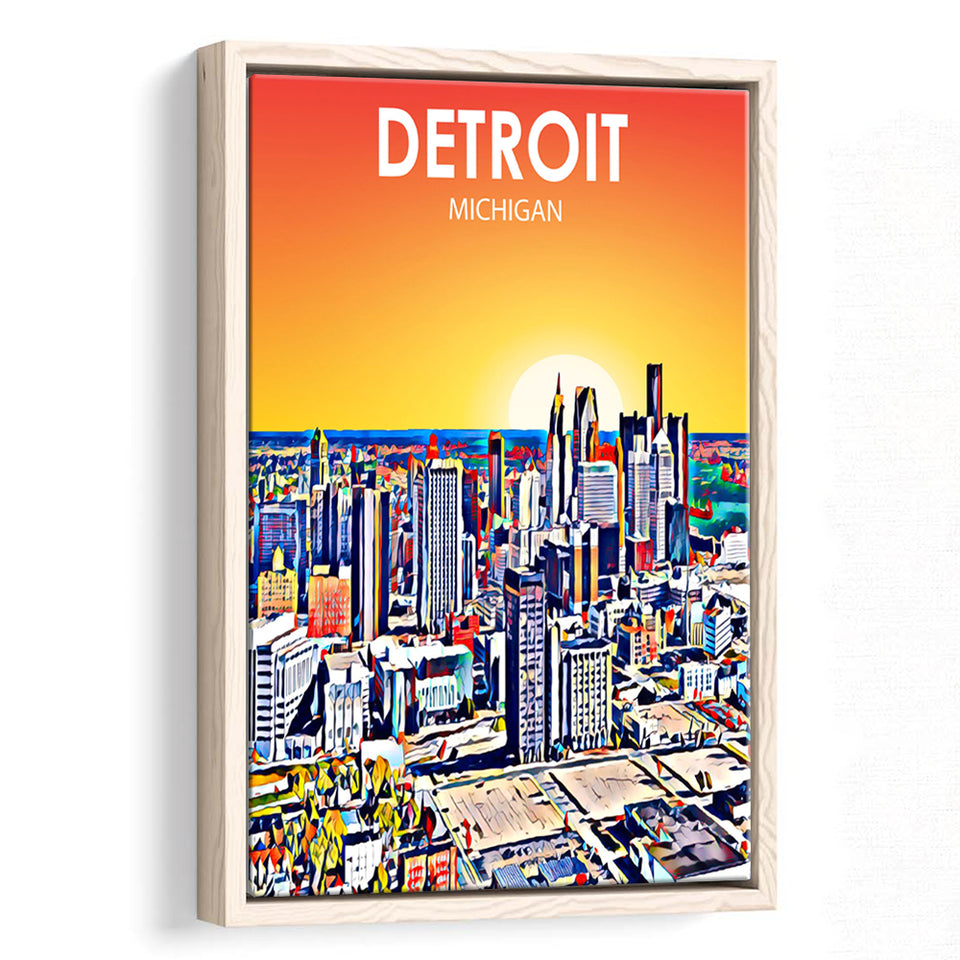 Detroit Michigan Art Sunset Landscape, Large Canvas, Framed Canvas Print Wall Art Home Decor, Floating Frame