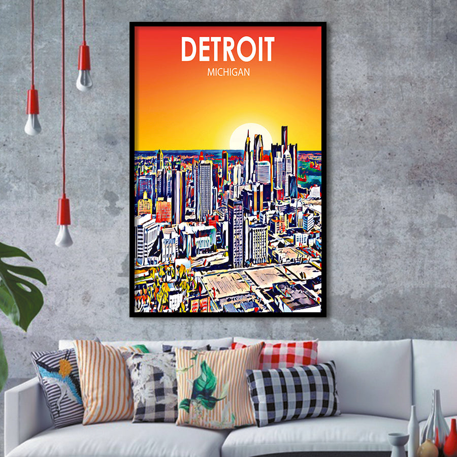 Detroit Michigan Art Sunset Landscape, City Art Print, Framed Art Print Wall Art Home Decor, Framed Picture