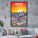 Detroit Michigan Art Sunset Landscape, City Art Print, Framed Art Print Wall Art Home Decor, Framed Picture