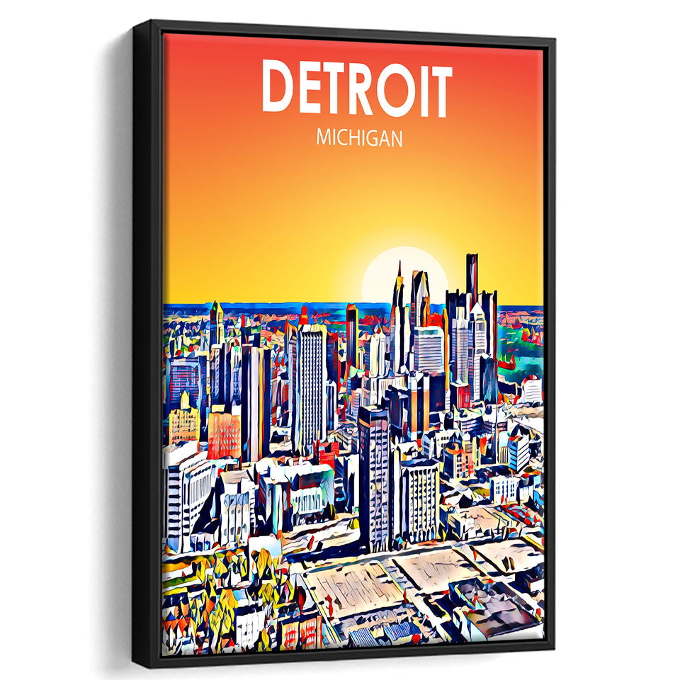 Detroit Michigan Art Sunset Landscape, Large Canvas, Framed Canvas Print Wall Art Home Decor, Floating Frame