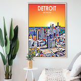 Detroit Michigan Art Sunset Landscape, Large Canvas, Framed Canvas Print Wall Art Home Decor, Floating Frame