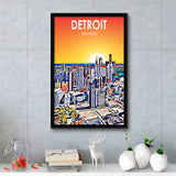 Detroit Michigan Art Sunset Landscape, Large Canvas, Framed Canvas Print Wall Art Home Decor, Floating Frame
