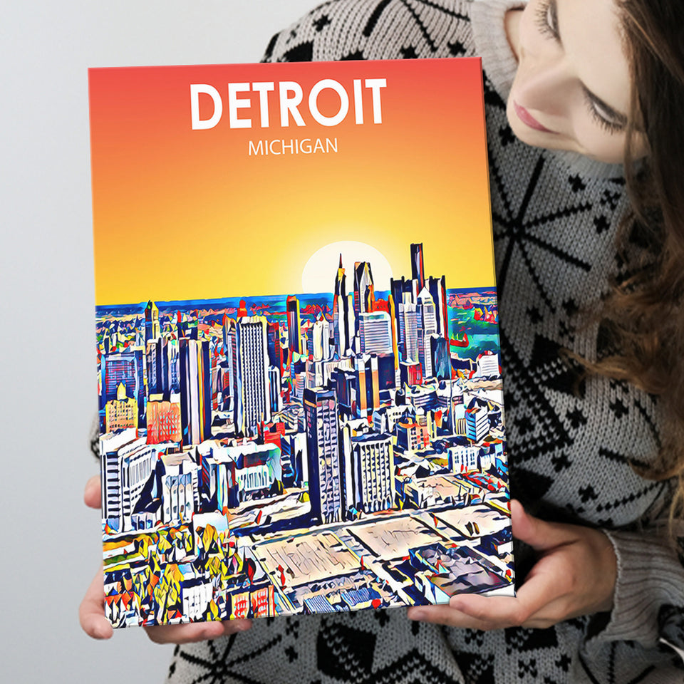 Detroit Michigan Art Sunset Landscape ,City Art Print, Large Canvas, Canvas Print Wall Art Home Decor