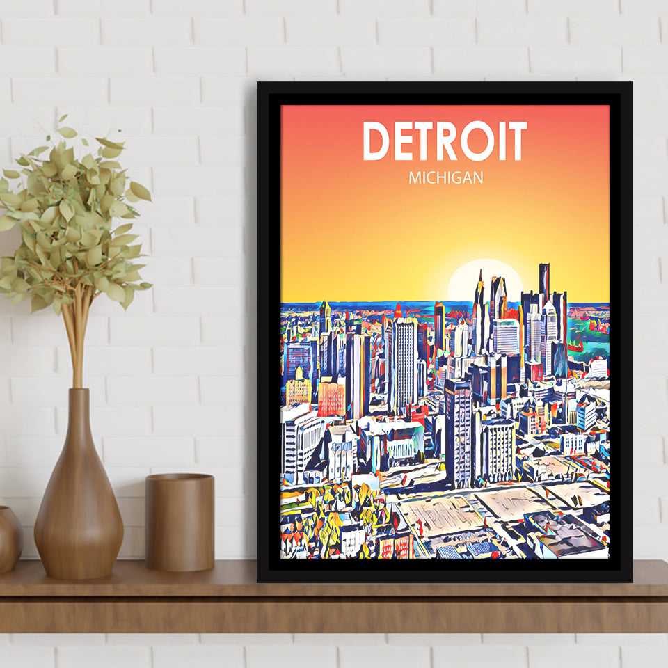 Detroit Michigan Art Sunset Landscape, Large Canvas, Framed Canvas Print Wall Art Home Decor, Floating Frame