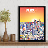 Detroit Michigan Art Sunset Landscape, Large Canvas, Framed Canvas Print Wall Art Home Decor, Floating Frame