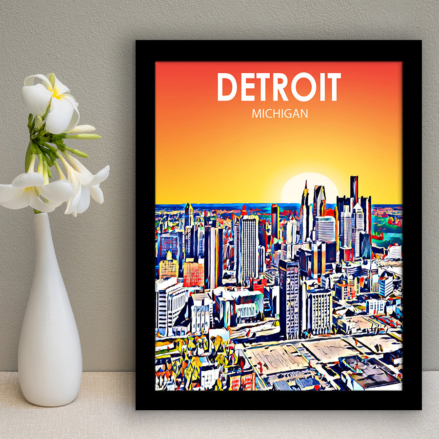 Detroit Michigan Art Sunset Landscape, City Art Print, Framed Art Print Wall Art Home Decor, Framed Picture