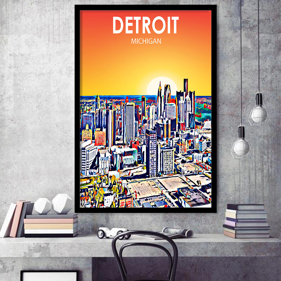 Detroit Michigan Art Sunset Landscape, City Art Print, Framed Art Print Wall Art Home Decor, Framed Picture