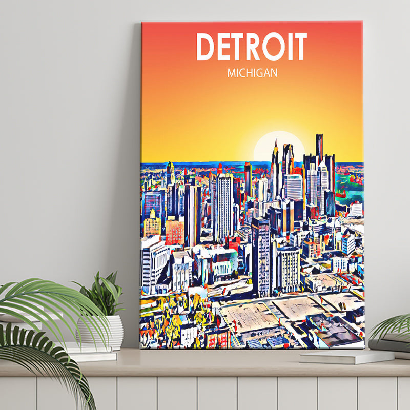 Detroit Michigan Art Sunset Landscape ,City Art Print, Large Canvas, Canvas Print Wall Art Home Decor