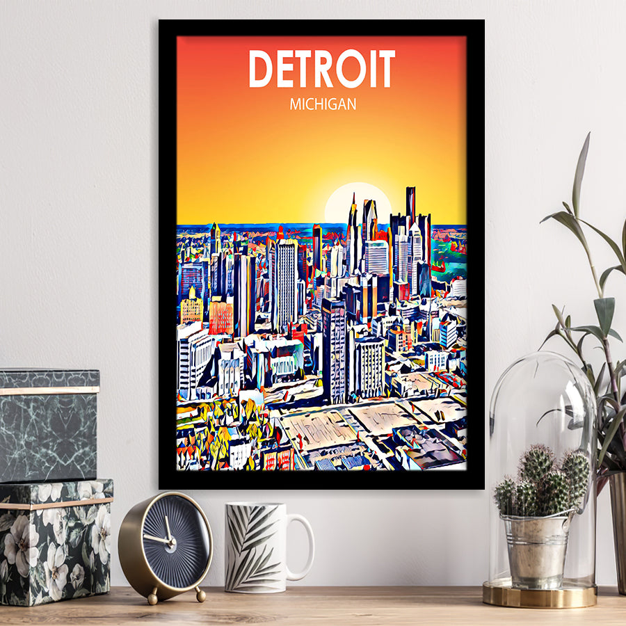 Detroit Michigan Art Sunset Landscape, City Art Print, Framed Art Print Wall Art Home Decor, Framed Picture