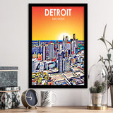 Detroit Michigan Art Sunset Landscape, City Art Print, Framed Art Print Wall Art Home Decor, Framed Picture