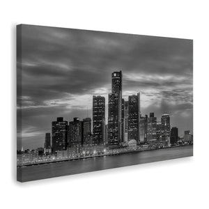 Detroit Night Skyline B&W Canvas Wall Art - Canvas Prints, Prints For Sale, Painting Canvas,Canvas On Sale 