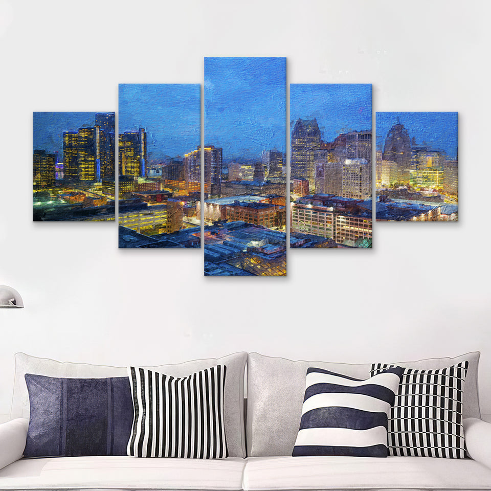 Detroit Skyline City 5 Piece Canvas Prints Wall Art Decor - Painting Canvas, Multi Panels