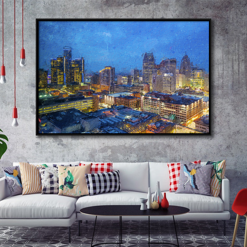 Detroit Skyline City Framed Canvas Prints Wall Art Decor - Paiting Canvas, Art Prints, Floating Frame