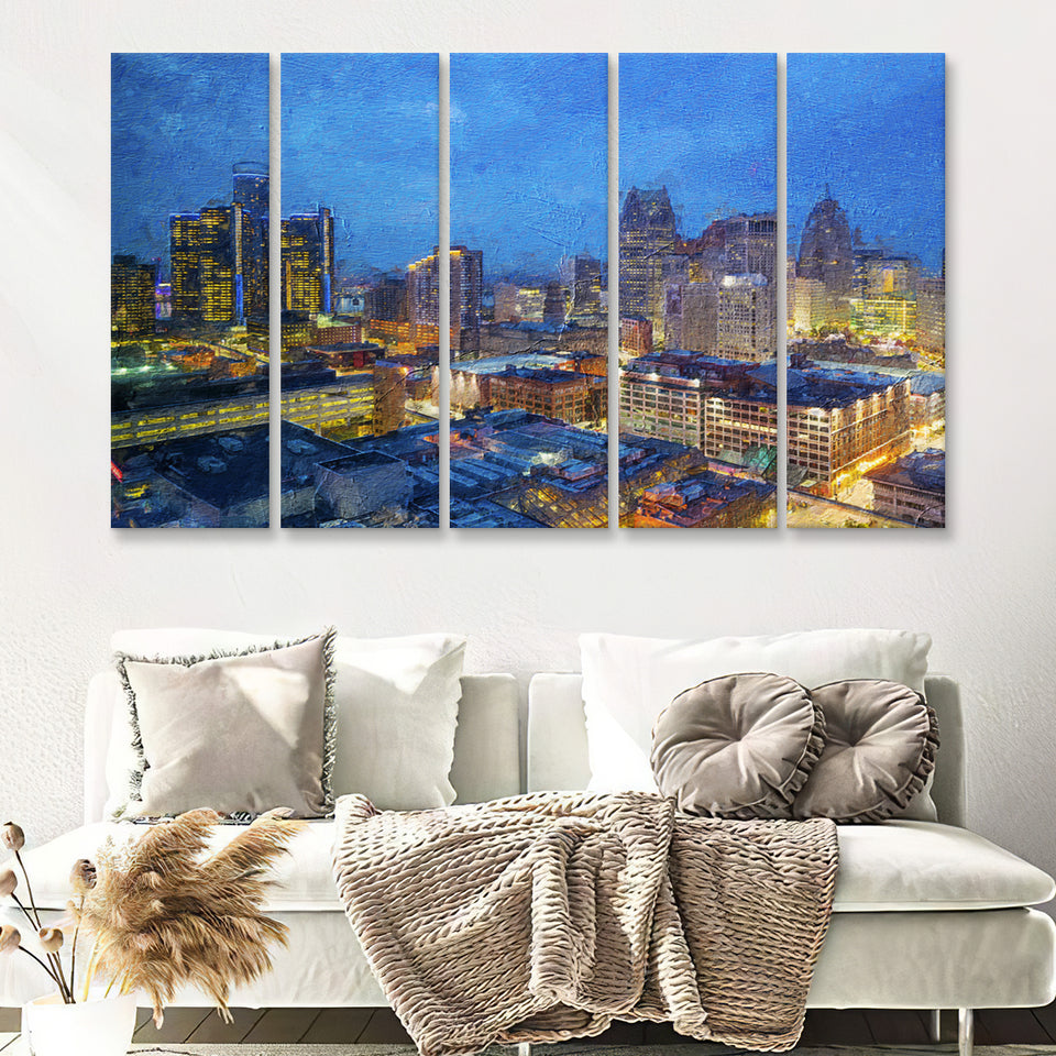 Detroit Skyline City 5 Piece B Canvas Prints Wall Art Decor - Painting Canvas, Multi Panels