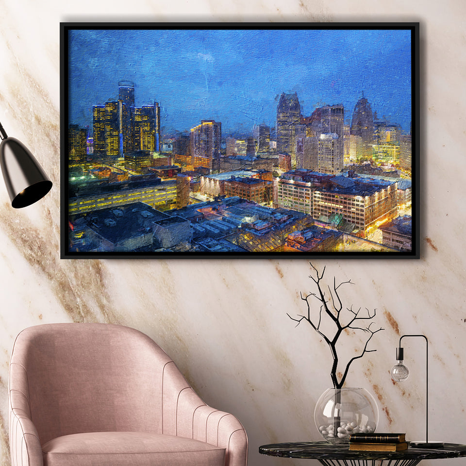 Detroit Skyline City Framed Canvas Prints Wall Art Decor - Paiting Canvas, Art Prints, Floating Frame