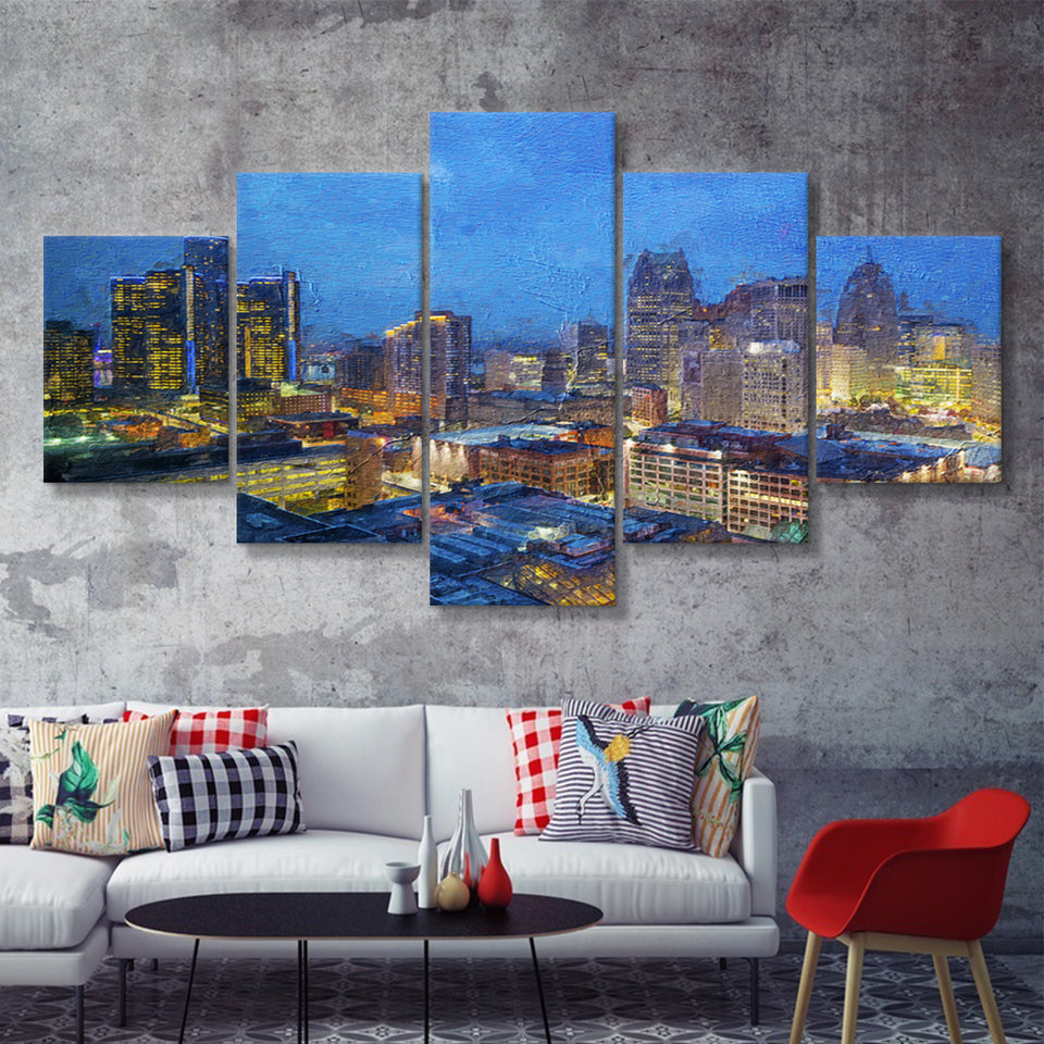 Detroit Skyline City 5 Piece Canvas Prints Wall Art Decor - Painting Canvas, Multi Panels