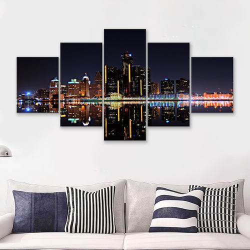 Detroit Skyline At Night  5 Pieces Canvas Prints Wall Art - Painting Canvas, Multi Panels, 5 Panel, Wall Decor