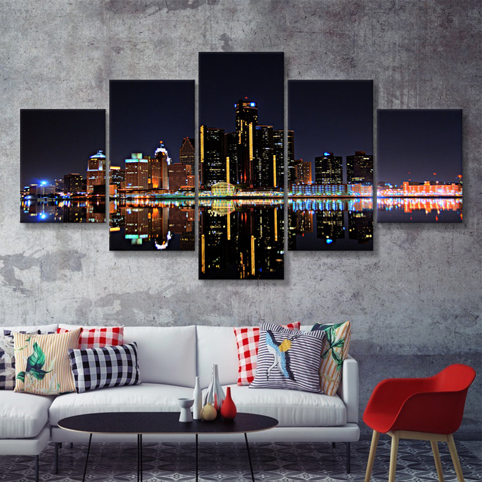 Detroit Skyline At Night  5 Pieces Canvas Prints Wall Art - Painting Canvas, Multi Panels, 5 Panel, Wall Decor