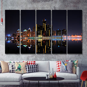 Detroit Skyline At Night 5 Pieces B Canvas Prints Wall Art - Painting Canvas, Multi Panels,5 Panel, Wall Decor