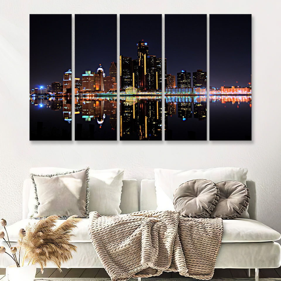 Detroit Skyline At Night 5 Pieces B Canvas Prints Wall Art - Painting Canvas, Multi Panels,5 Panel, Wall Decor