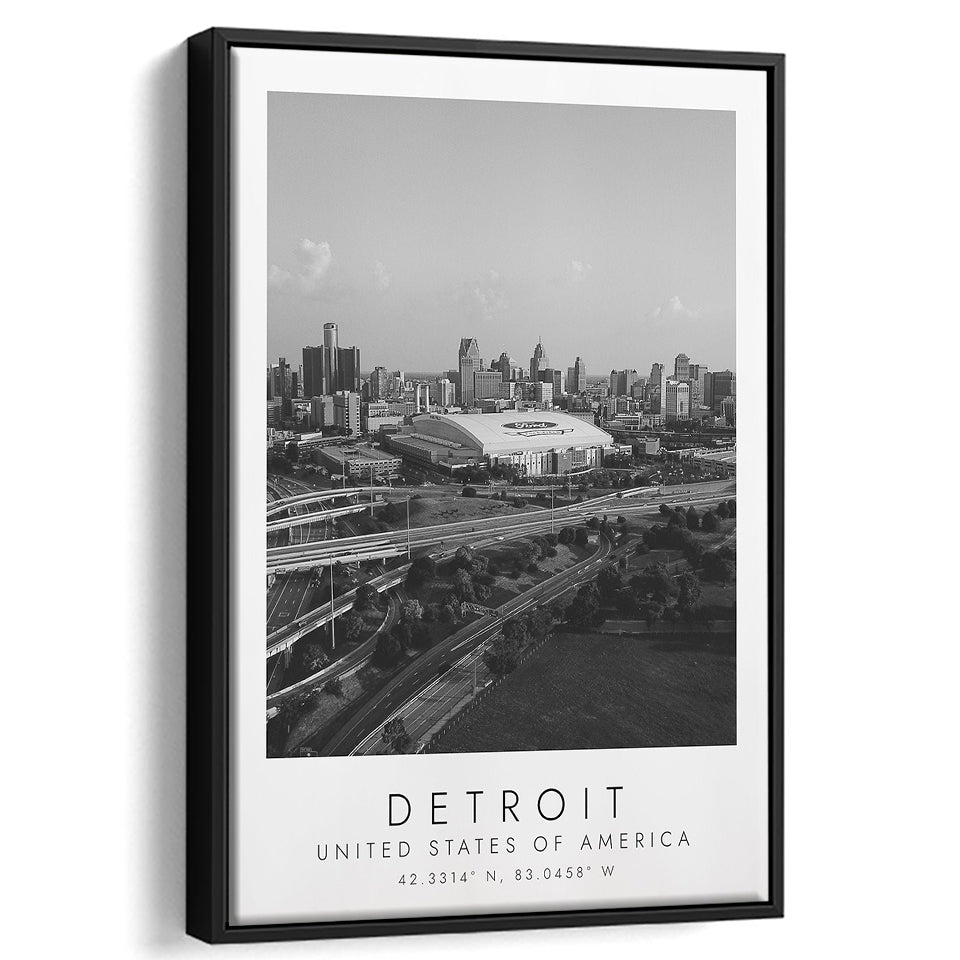 Detroit Usa Travel Lovers Black And White Art Framed Canvas Prints Wall Art Home Decor, Floating Frame
