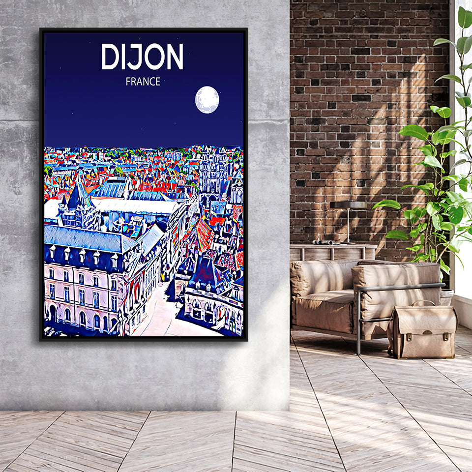 Dijon France Art Night Art Print, Large Canvas, Framed Canvas Print Wall Art Home Decor, Floating Frame