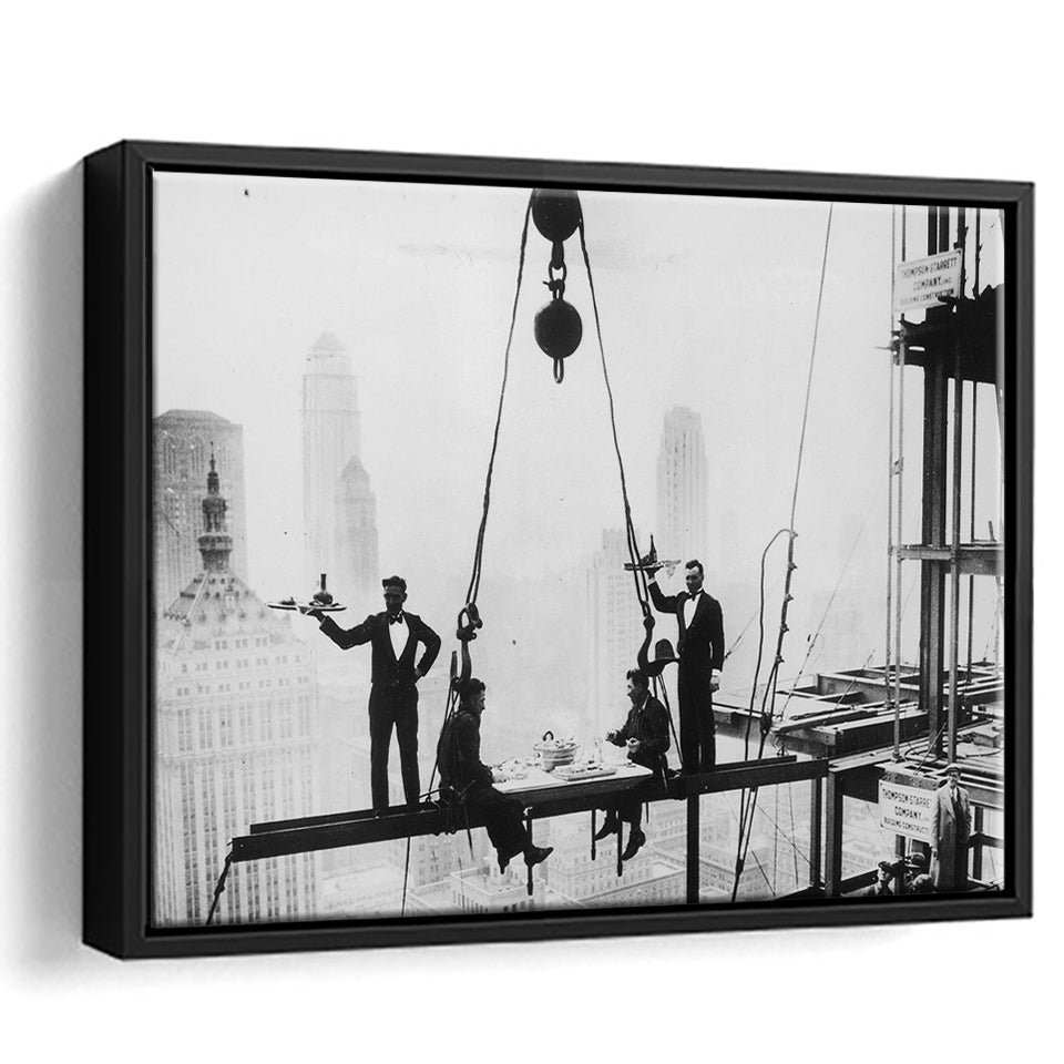 Dining On A Nyc Skyscraper Black And White Print, Framed Canvas Prints Wall Art Home Decor,Floating Frame