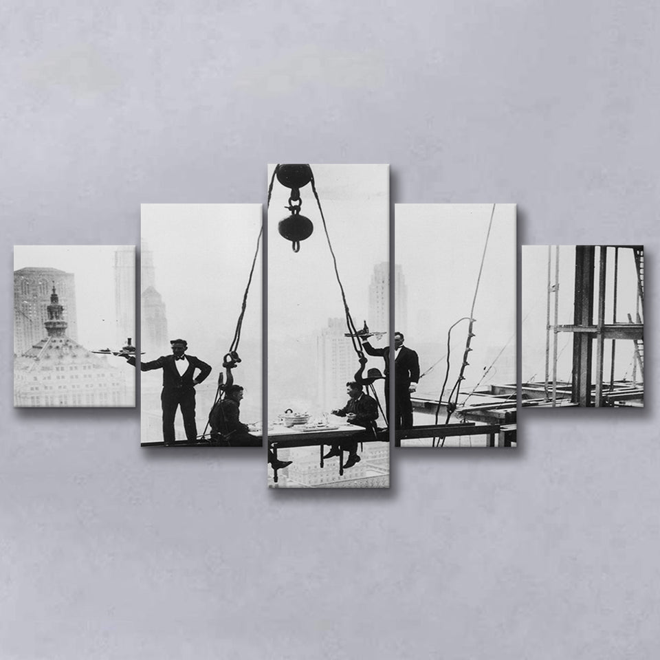 Dining On A Nyc Skyscraper Black And White Print, 5 Panels, Canvas Prints Wall Art Decor, Large Canvas Art